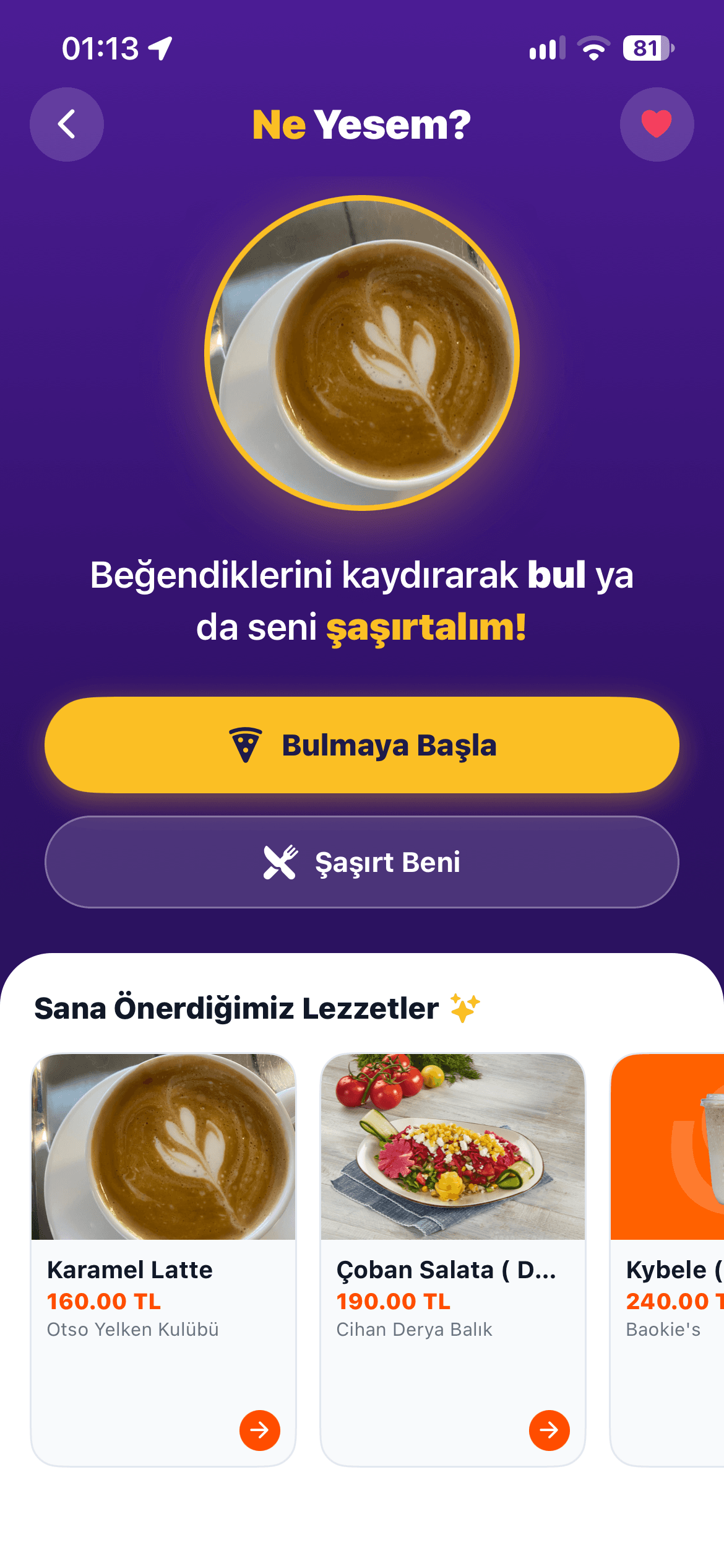 Menuland mobil uygulamasında lezzet karar çarkı