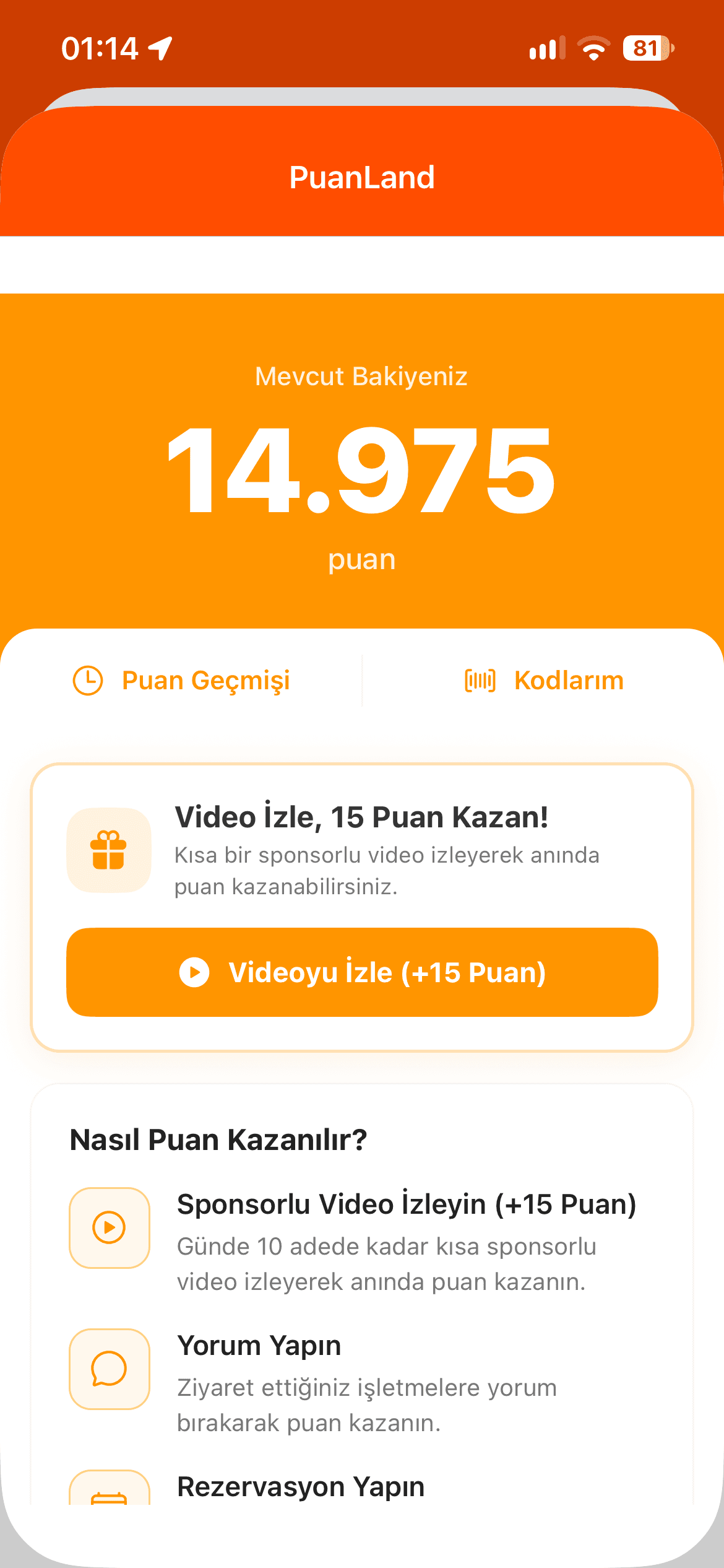 PuanLand cüzdanı, kazanılan puanlar ve aktif indirim kuponları